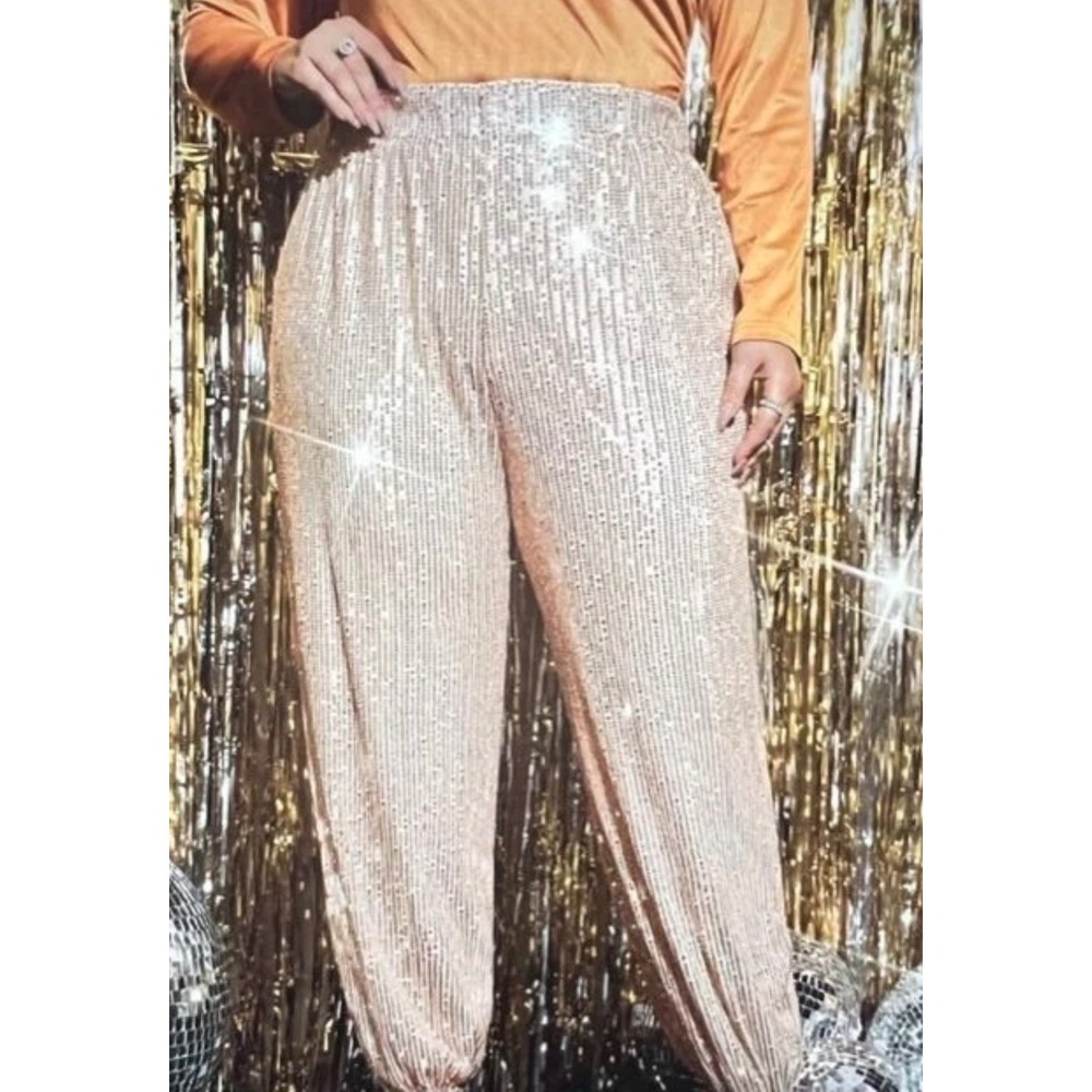 Callie Lives Slim Drip Rose Gold Sequin Joggers Tapered Party Pants Large NEW